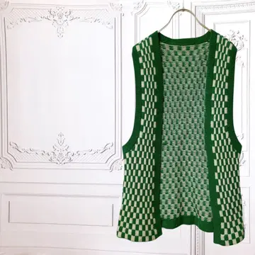 니트/스웨터 베스트 [S] 그린 체크 무늬 캐주얼 겉옷 레트로