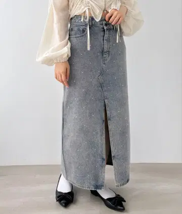 Heather 큐빅 데님 롱 스커트