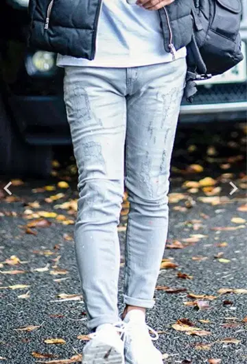 라이트 그레이 스키니 데님 데미지 가공