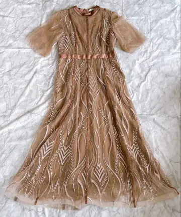 Leja 스팽글 자수 레이스 프티 하이넥 롱 드레스 원피스