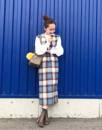 Bluerea 샤기 체크 오버롤 스커트 S 사이즈