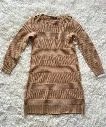 아나이 케이블 니트 긴팔 원피스 M 무릎 기장 베이지 골드 버튼 울