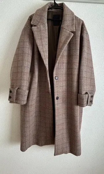 JEANASIS 울 체스터 롱 코트 브라운 체크 무늬