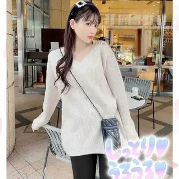 Rady 레이디 니트 베이지 V넥 심플 리브 니트 로고 버튼