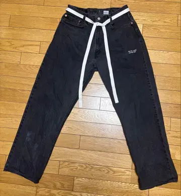 블랙 데님 팬츠 리본 벨트 한정판