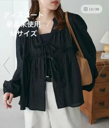 디스코트 앞 리본 블라우스 M 사이즈 블랙 심플 시스루