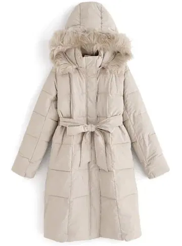 택 포함 GRL 리본 벨트 후드 부착 롱 충전솜 다운 코트 M