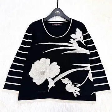 레오나르 니트 빅 사이즈 LL 꽃무늬 실크 혼방 스팽글 라메 블랙