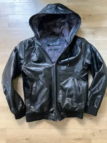 블랙 PU 가죽 후드 자켓 XL 사이즈