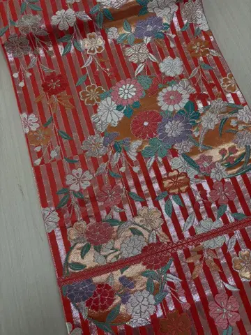 후쿠로 오비 오렌지 꽃무늬 스트라이프 후쿠로 오비