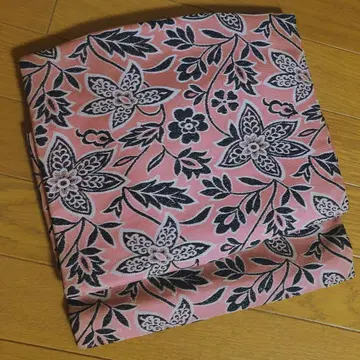 빈티지 화학 섬유 2부식 나고야 오비 코랄에 블랙 오리엔탈 플라워