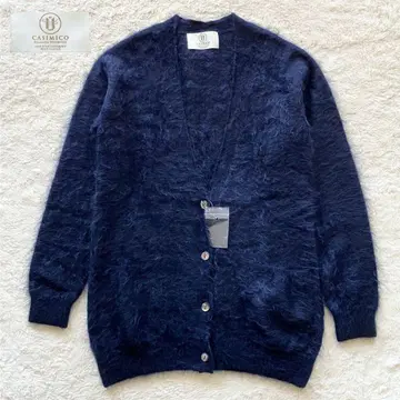 미사용품 카시미코 빅 사이즈 퍼 가공 캐시미어 가디건 네이비