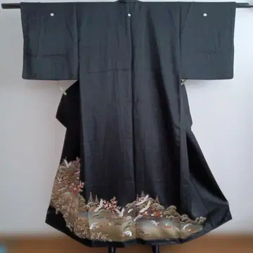 블랙 전례복 풍경 무늬 실크 기모노