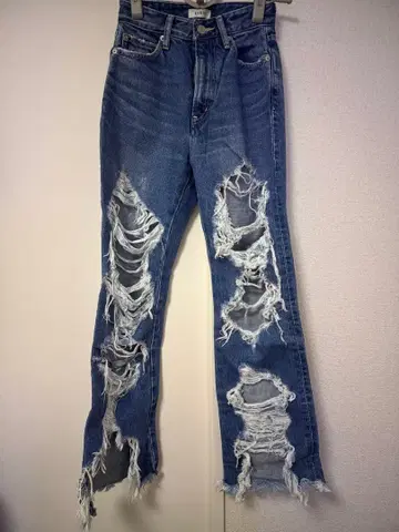 EVRIS 데미지 가공 다크 블루 데님 플레어 팬츠 S