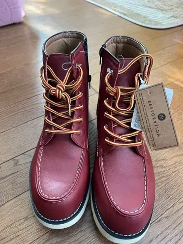 레드 가죽 워크 부츠 지퍼 포함