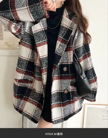 기모 부클 체크 무늬 코쿤 실루엣 더블 자켓 코트