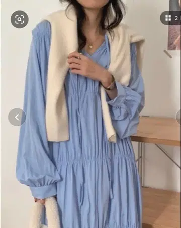 셔링 개더 롱 원피스 블루