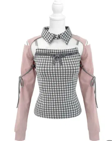 리본 슬릿 체크 앙상블 상의 HONEYMEW