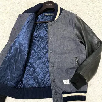 새상품급 프래그먼트 데님 바시티 자켓 소매 가죽 절개 퀼팅 네이비 M