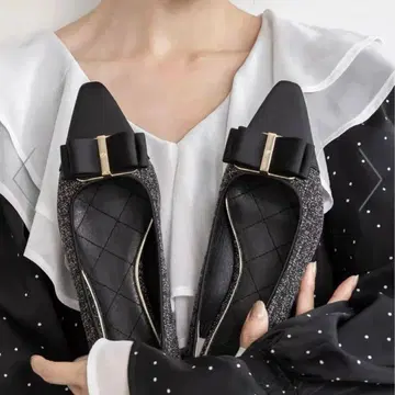 RANDA 콤비 재료 리본 플랫 펌프스