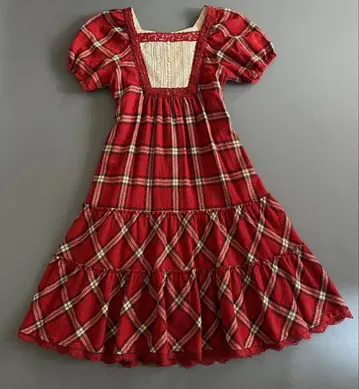 핑크하우스 울 티어드 원피스 롱 체크 빨간색 레이스 리본