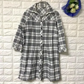 셔츠 원피스 튜닉 7부 소매 타탄 체크 오픈 카라 롤