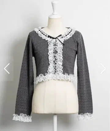 pium 레이스 프릴 사다리 리본 니트 가디건 차콜