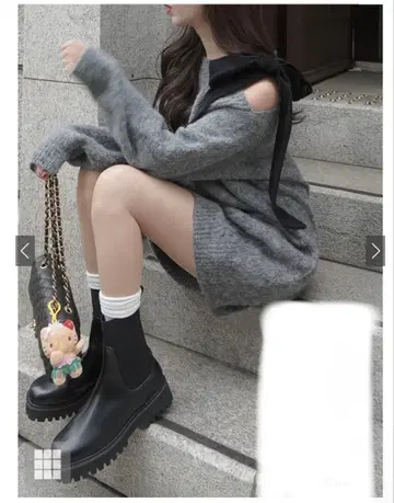 원 숄더 벨로아 리본 니트 미니 원피스[dr796]