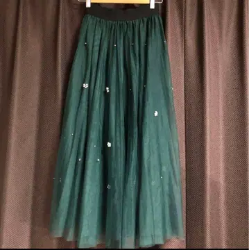[ 새상품급 ] 그린 튤 롱 스커트 펄&비쥬