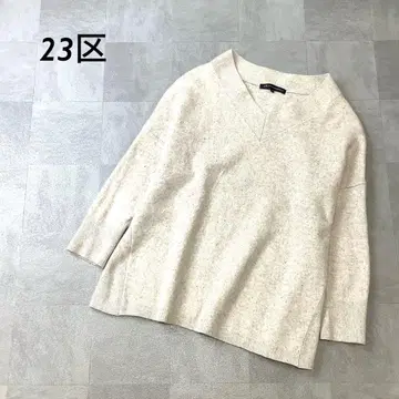 23구 빅 사이즈 V넥 니트 7부 소매 믹스 베이지