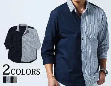 7부 소매 남성용 일본제 면 셔츠 캐주얼 셔츠 7부 소매 스트라이프