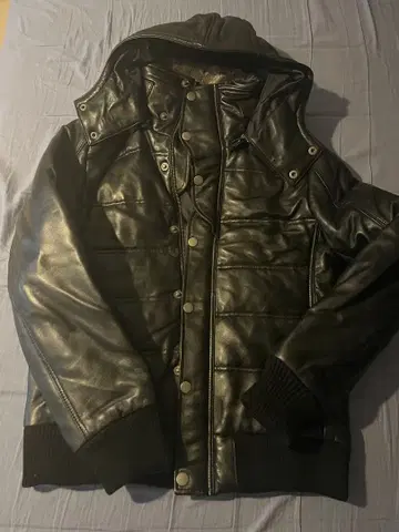 LIUGOO 후드 가죽 아우터 블랙