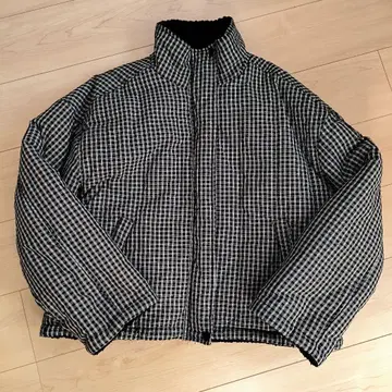 체크 무늬 다운 자켓 밑단 드로스트 포함 더블 지퍼 프리 사이즈