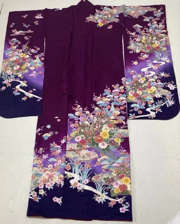 새상품급 마루쇼 보라색 후리소데 고전 문양 고쇼구루마 성인식