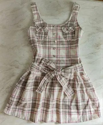 헤이세이 리즈리사 레어 체크 무늬 슬리브리스 미니 원피스 갸루 핑크