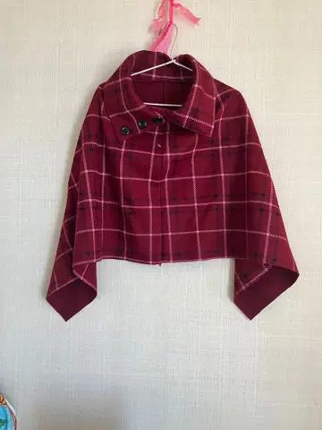 이탈리아제 코트 케이프 스타일 로즈 버건디 체크 무늬 미사용 새상품