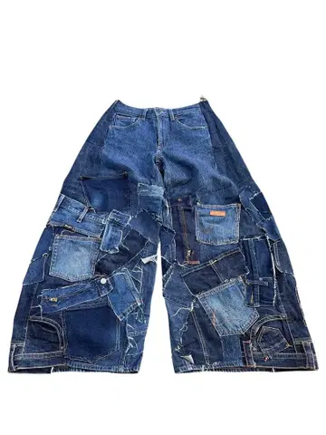 패치워크 디자인 와이드 데님 팬츠