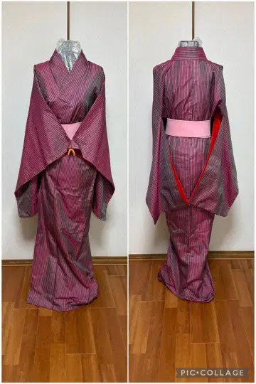 앤틱 옥충명선!! 세로 줄무늬 이중 기모노