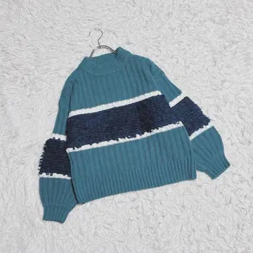 [ 아즈 노우 아즈 ] 리브 니트 스웨터 모크넥 보더 그린 네이비