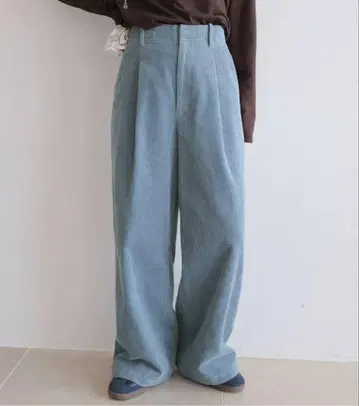 워셔블 코듀로이 턱 와이드 팬츠 색스 블루 40