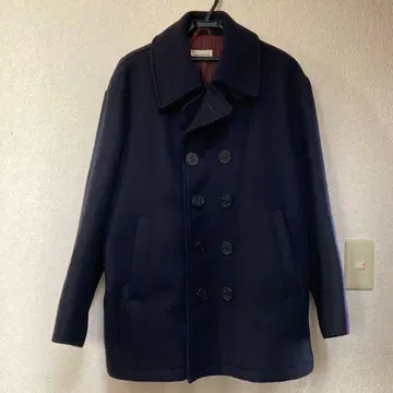 네이비 더블 브레스트 피 코트 울 혼방