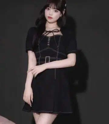 pium 데님 원피스 플리츠 데님 벨트 미니 원피스