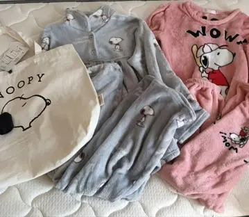 SNOOPY 플리스 룸웨어 세트 파자마 스카이블루 핑크 백
