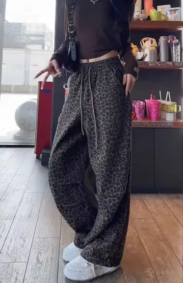 레오파드 무늬 와이드 팬츠 허리밴딩
