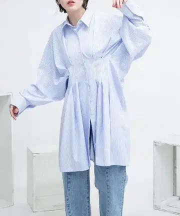 KBF 스트라이프 허리 턱 미니 원피스 셔츠