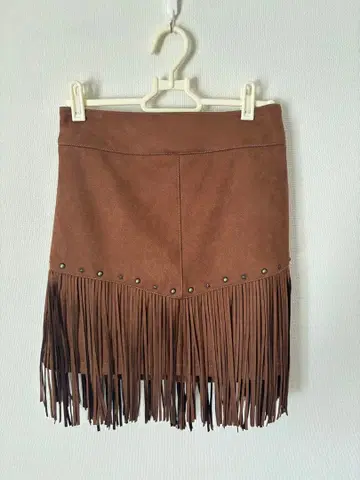 프린지 장식 브라운 미니 스커트 웨스턴