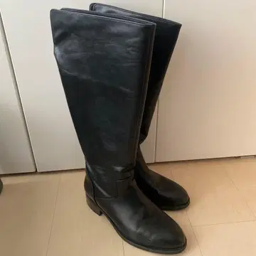 블랙 가죽 롱 부츠 지퍼 포함