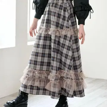이뎀 idem 튤 프릴 체크 스커트 브라운