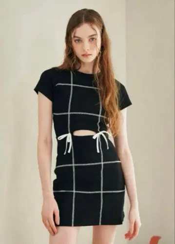 Darich 스티치 리본 리브 미니 원피스