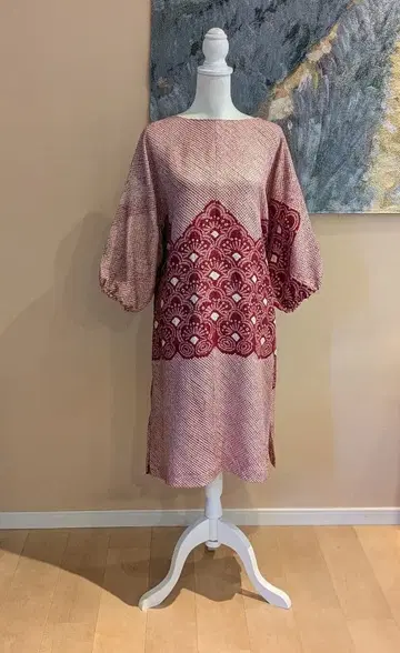 순수 실크 총시보리 기모노 리메이크 7부 소매 풀오버 원피스